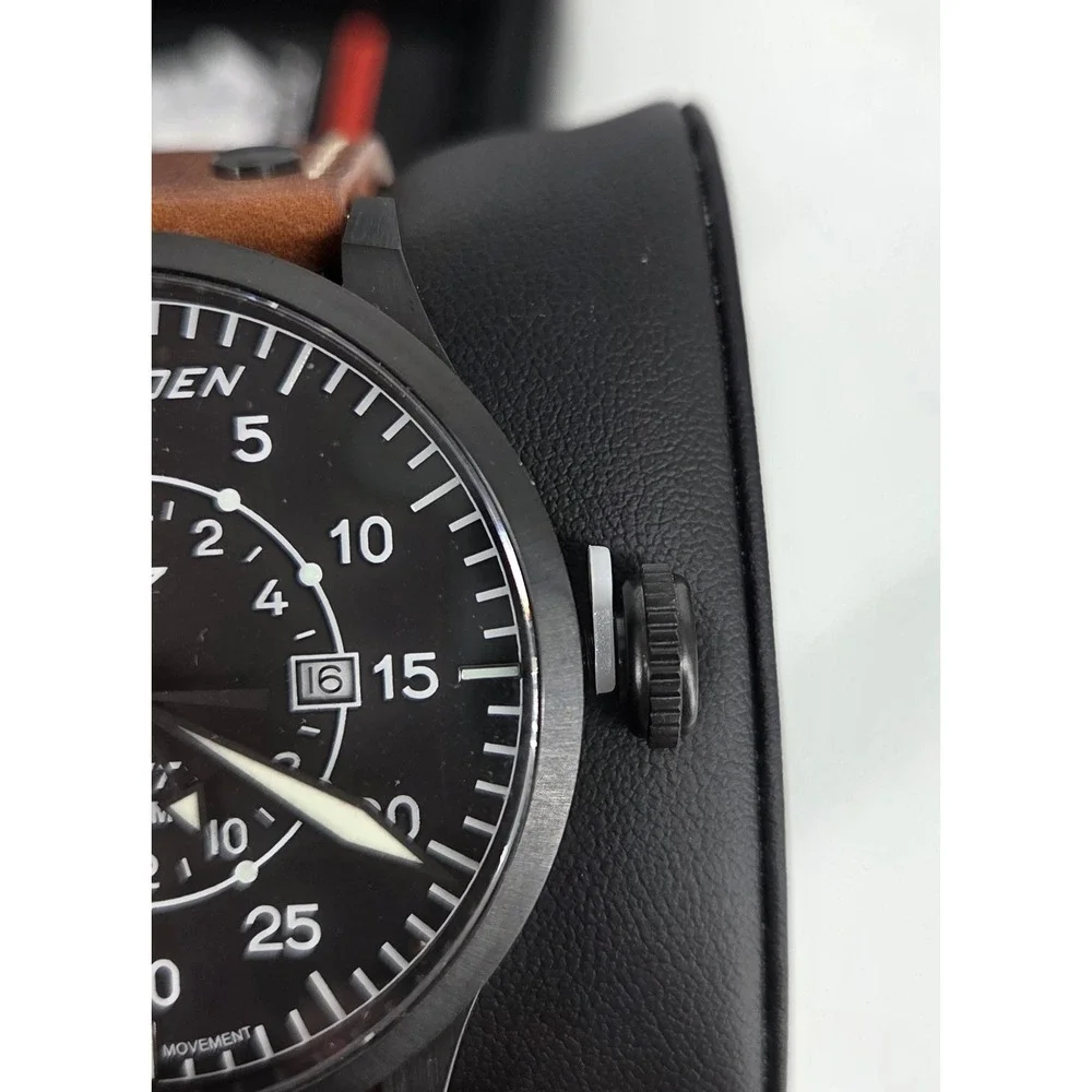 NWT Torgoen T47 Jumbo Black Sapphire‎ GMT 47mm, Brown Leather Strap Retail $325